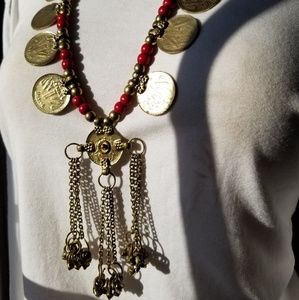 Goldtone Coin Necklace w/ Red Beads & Tassels